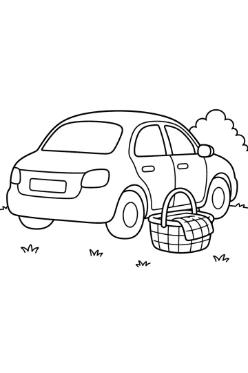 Disegno da colorare di un'auto parcheggiata sull'erba accanto a un cestino da picnic e a un cespuglio.