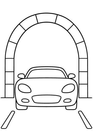 Disegno da colorare di un'auto vista frontalmente davanti a un grande tunnel ad arco