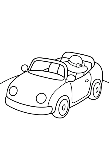 Dessin au trait d'un cabriolet vu de trois quarts avec un grand chapeau de soleil sur le siège