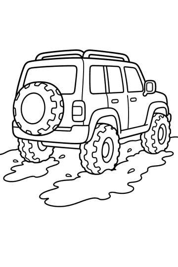 Dessin à colorier d'un 4x4 aux pneus crantés dans des flaques de boue