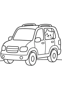 SUV avec chat curieux à la fenêtre dessin à colorier PDF gratuit