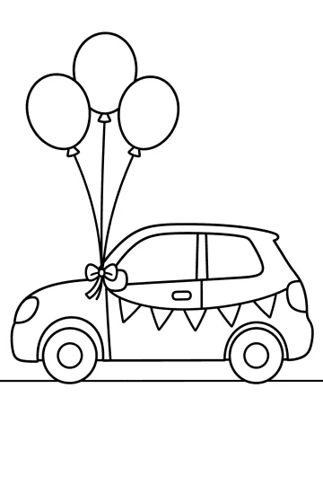 Car decorated with a bow, bunting, and three balloons