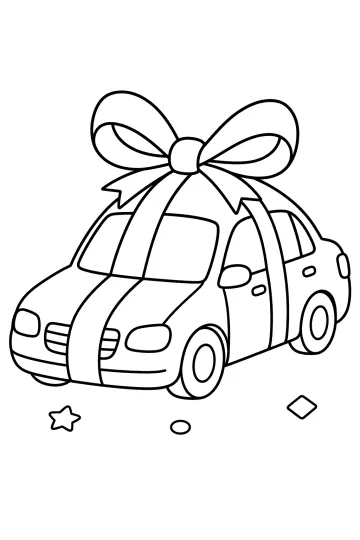 Disegno da colorare di un'auto con un grande fiocco sul tetto e piccole forme decorative intorno.