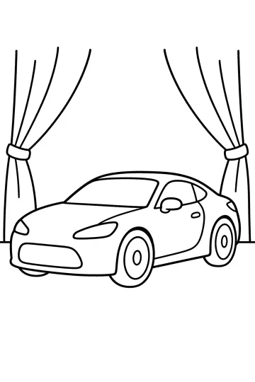 Disegno da colorare di un'auto sportiva davanti a tende aperte su un palco.