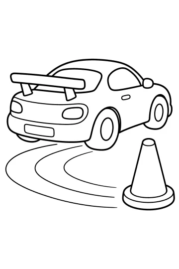 Disegno da colorare di un'auto sportiva con grande spoiler vicino a un cono