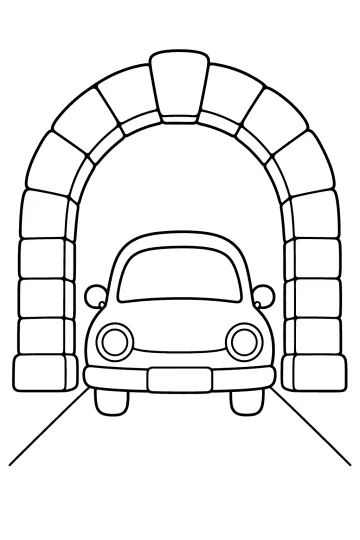 Kleurplaat van een auto van voren onder een grote stenen boog