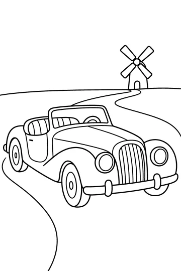 Klassieke roadster op een bochtige weg met een windmolen op de achtergrond