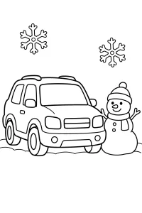 SUV neben einem Schneemann malvorlage kostenlos PDF