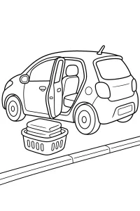 Auto con portiera aperta e cesto del bucato disegno da colorare PDF gratis