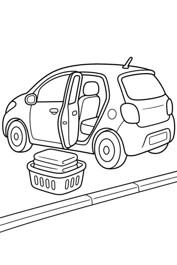 Auto vista di lato con portiera aperta e cesto di bucato piegato accanto