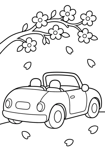 Auto cabrio con abitacolo aperto sotto un ramo con fiori e petali che cadono
