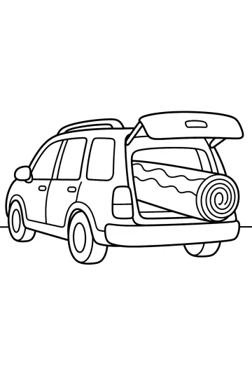 Disegno lineare di un'auto familiare con portellone aperto e tappeto arrotolato a spirale.