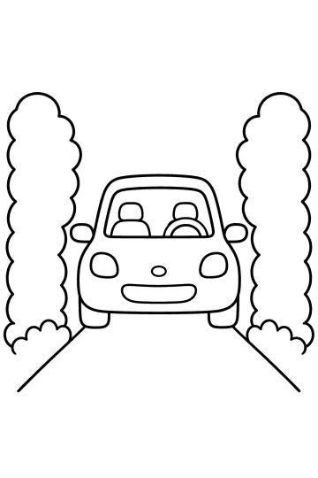 Disegno da colorare di un'auto vista di fronte su un sentiero tra due alte siepi