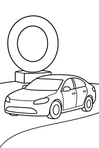 Auto moderna accanto a una scultura ad anello disegno da colorare PDF gratis