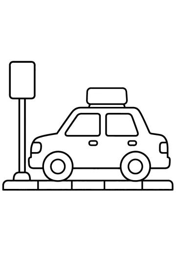 Line drawing of a side-view taxi with a roof sign beside a tall blank sign and curb.