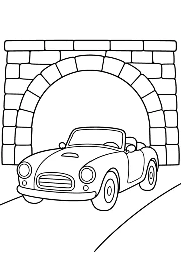 Disegno da colorare di un’auto sportiva scoperta sotto un viadotto in pietra.