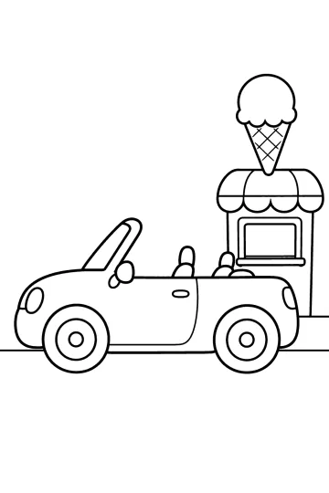 Cabriolet con capote abbassata davanti a un chiosco con un grande gelato sul tetto
