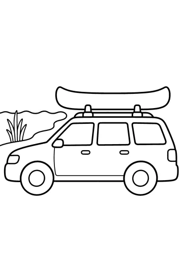 Auto familiare vista di lato con una canoa sul tetto, riva ondulata e canne