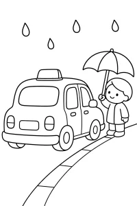 Taxi con bambino e ombrello sotto la pioggia disegno da colorare PDF gratis