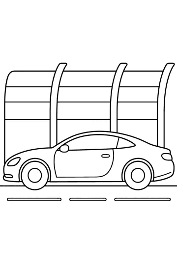 Dessin au trait d'un coupé vu de côté sur une route devant un mur antibruit incurvé.