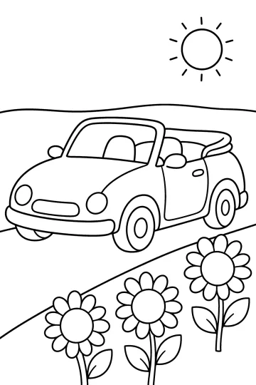 Cabriolet aperta su una strada accanto a tre grandi fiori, con il sole nel cielo