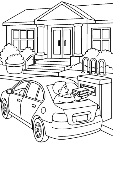 Disegno da colorare di un’auto davanti a una biblioteca, con un bambino che passa libri nel deposito esterno.