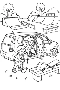 Auto al parco skate con bambini disegno da colorare PDF gratis