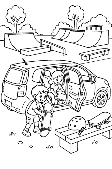 Bambini con skateboard davanti a un’auto con porta aperta in un parco skate con rampe, casco e alberi.