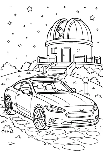 Auto sportiva davanti a un osservatorio con cupola, telescopio, stelle e sentiero di pietre