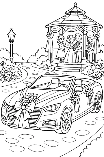 Disegno da colorare di un'auto cabrio con fiocco e fiori davanti a un gazebo per matrimonio.