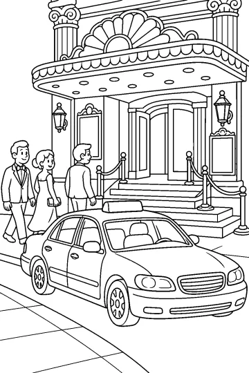 Disegno da colorare di un'auto davanti all'ingresso di un teatro con persone e colonne