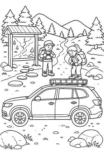 SUV avec galerie garé près de deux randonneurs au départ d'un sentier de montagne
