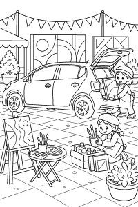 Auto hatchback alla fiera d'arte disegno da colorare PDF gratis