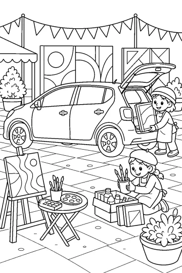 Dibujo para colorear de un coche hatchback con el portón abierto en una feria de arte, con lienzos, caballetes y niños.