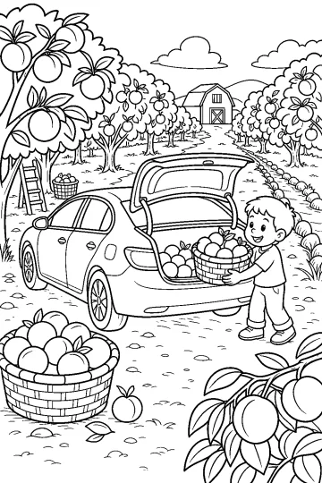 Bambino con un cestino di frutta accanto a un’auto con il baule aperto in un frutteto