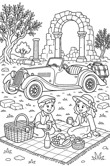 Coloriage avec une voiture ancienne, deux enfants en pique-nique, un panier et des ruines en pierre avec une arche.
