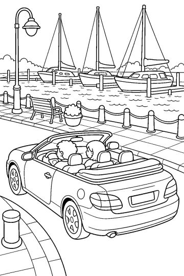Cabrio von hinten an einer Hafenpromenade mit festgemachten Segelbooten