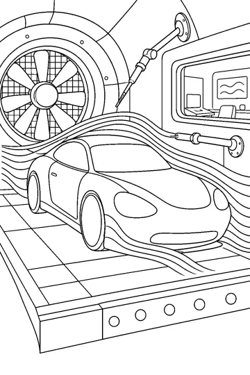 Voiture de sport sur une plateforme dans une soufflerie avec rubans d'air et grand ventilateur