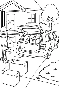 Auto familiare durante un trasloco disegno da colorare PDF gratis