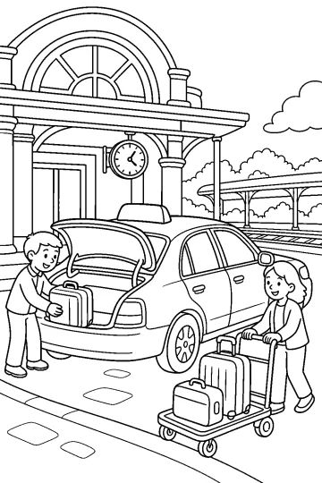 Taxi in front of a train station with two children, suitcases on a trolley, and a large clock.