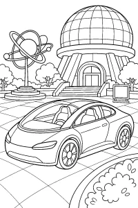 Auto sportiva davanti al planetario disegno da colorare PDF gratis