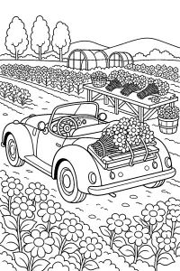 Roadster con fiori in una fattoria fiorita disegno da colorare PDF gratis