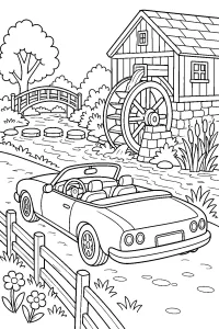 Cabriolet vicino al mulino ad acqua disegno da colorare PDF gratis