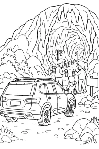 SUV davanti all'ingresso della grotta disegno da colorare PDF gratis