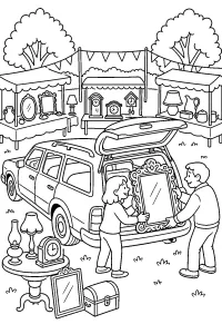 Station wagon al mercatino dell'antiquariato disegno da colorare PDF gratis