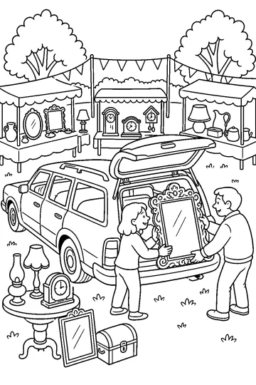 Disegno da colorare di una station wagon con portellone aperto al mercatino dell'antiquariato, mentre viene caricato uno specchio con cornice.