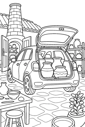 Auto vista da dietro con portellone aperto e grandi vasi nel bagagliaio, davanti a uno studio di ceramica.