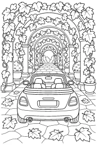 Cabriolet sotto un portico d'autunno disegno da colorare PDF gratis