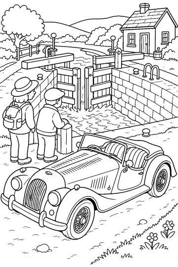 Disegno da colorare di un'auto d'epoca parcheggiata davanti a una chiusa del canale con cancelli, acqua, due persone e una casetta.