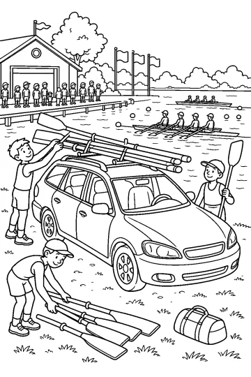 Station wagon with oars on its roof beside a river with rowers, boats and spectators